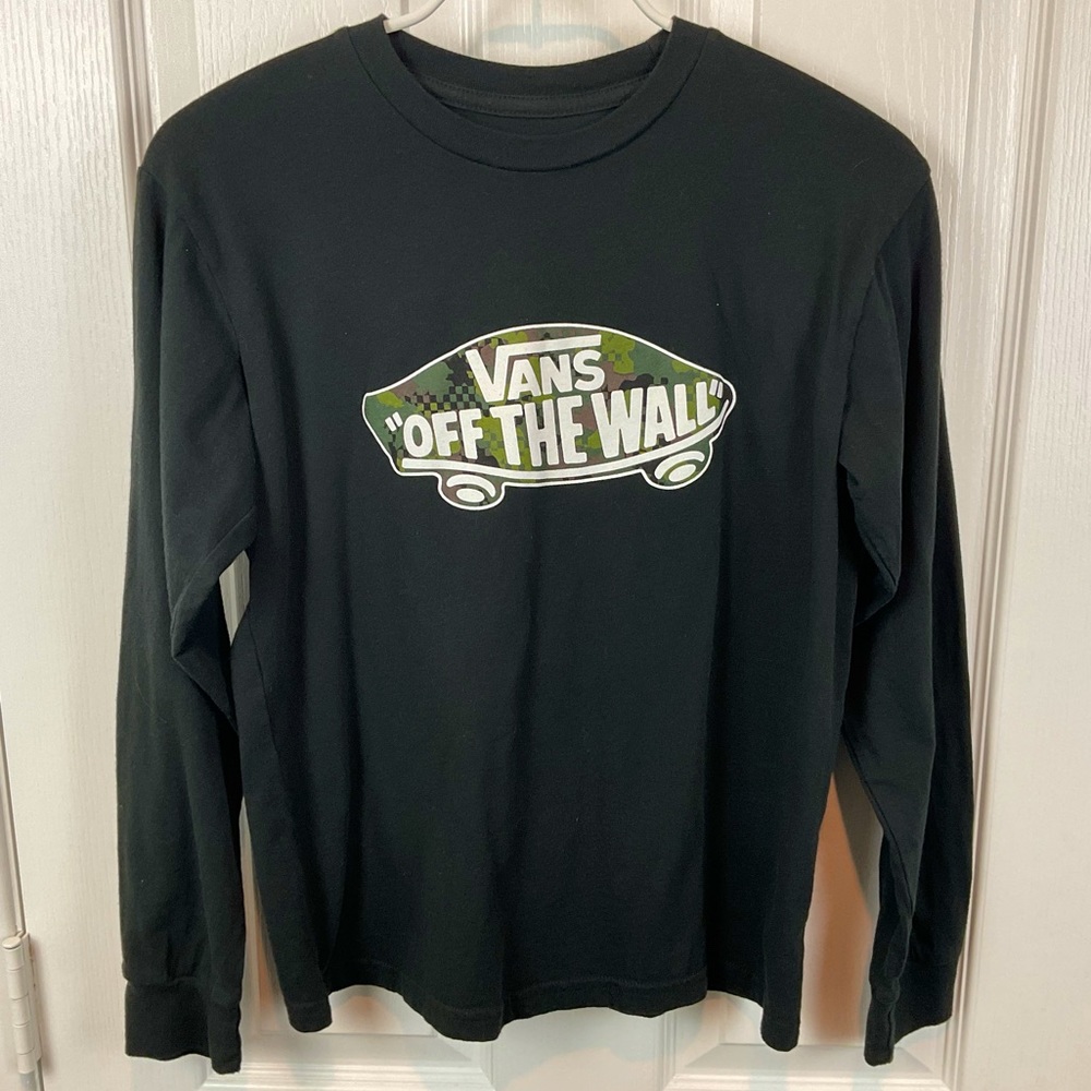 Pre-Owned Vans Boys Black Graphic Long Sleeve Shirt, Size M (10-12)